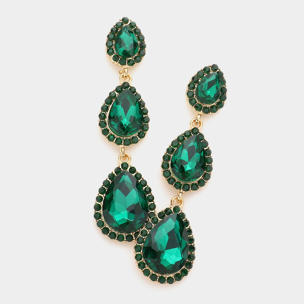 Emerald Triple Teardrop Pageant Earrings  | Prom Earrings | Evening Earrings