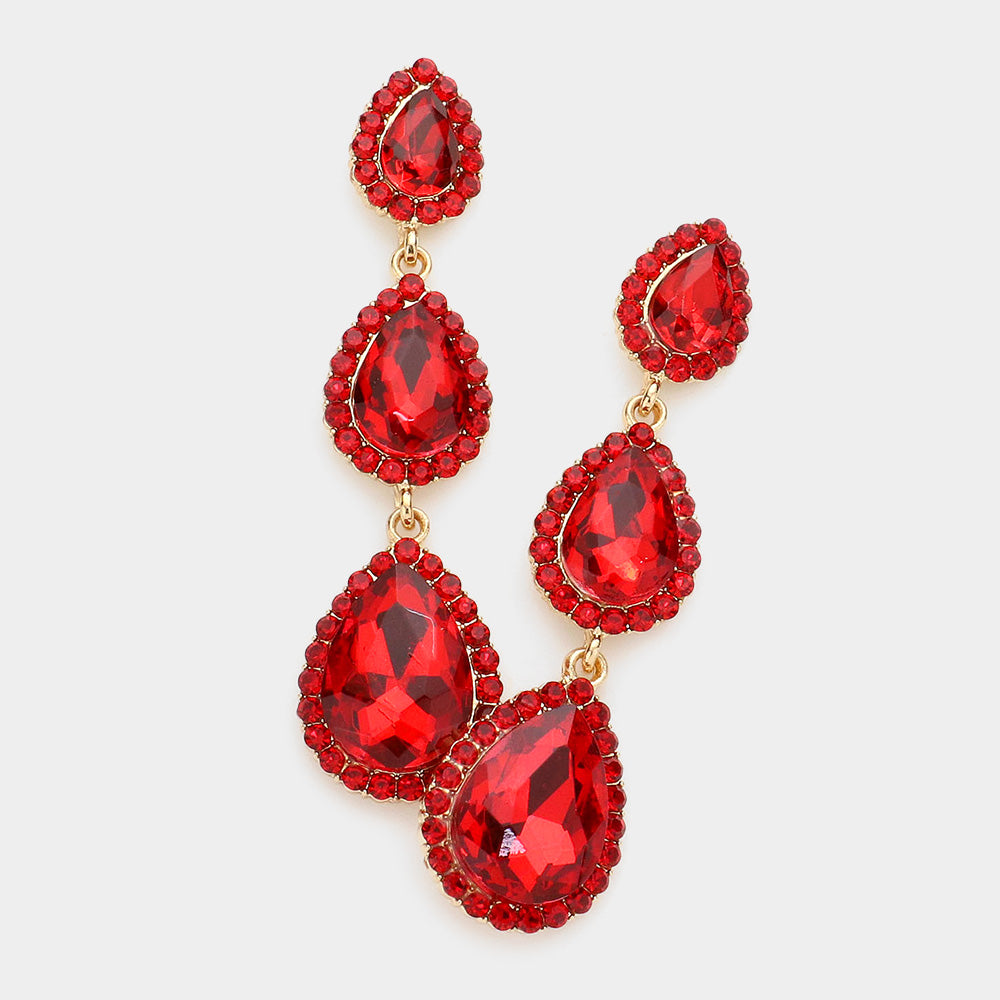 Red Triple Teardrop Pageant Earrings | Prom Earrings | Evening Earrings