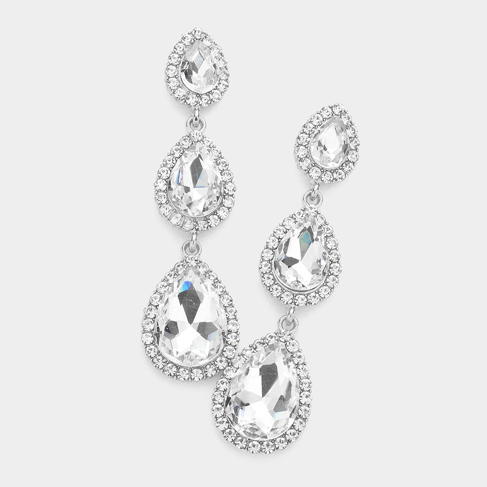 Clear Triple Teardrop Pageant Earrings  | Prom Earrings | Evening Earrings