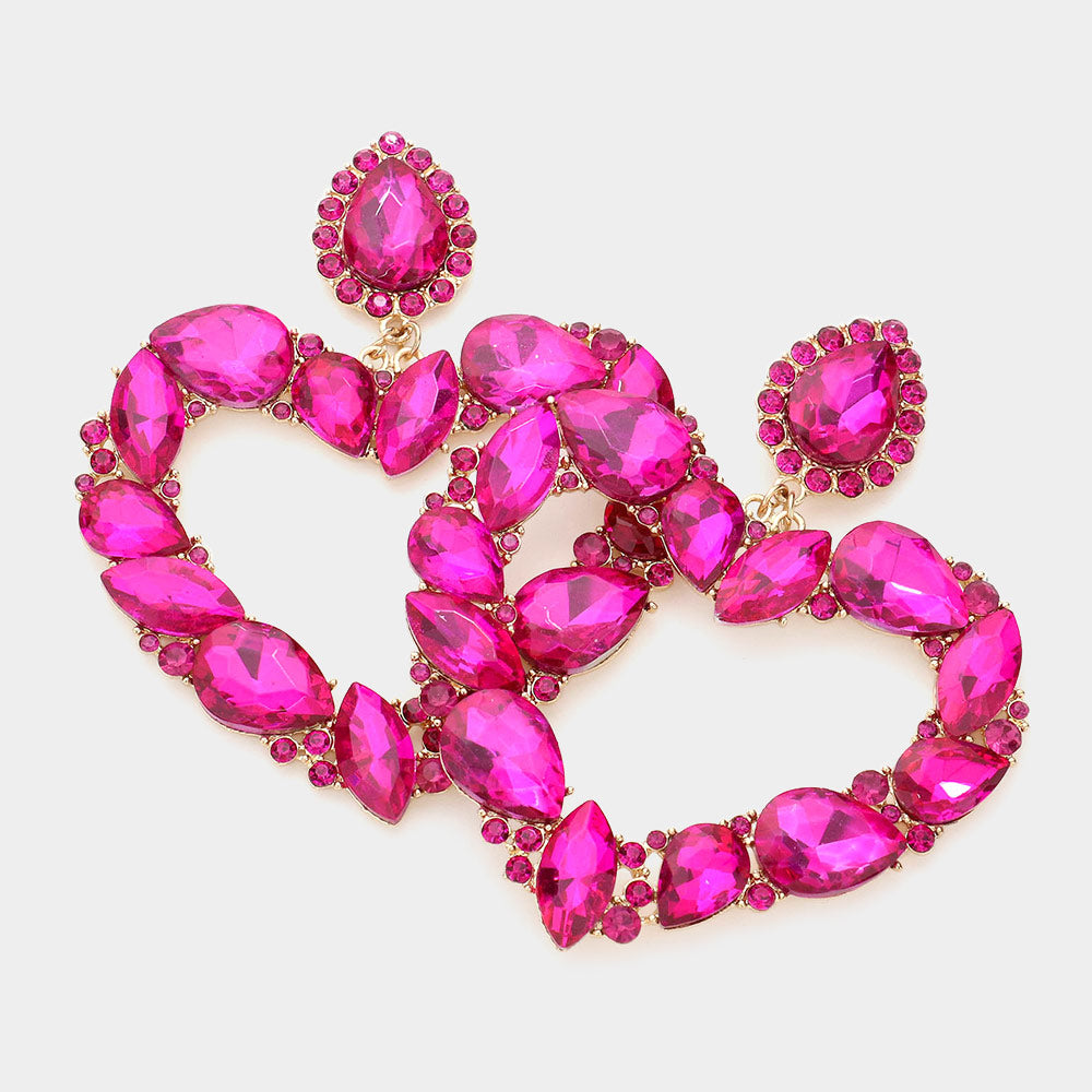 Fuchsia Crystal Stone Open Heart Pageant Earrings  | Statement Jewelry