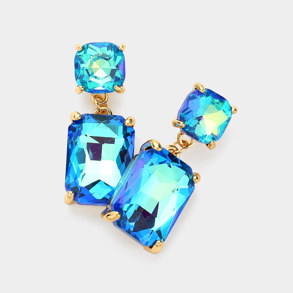 Blue AB Square Stone Dangle Pageant Earring  | Interview Earrings