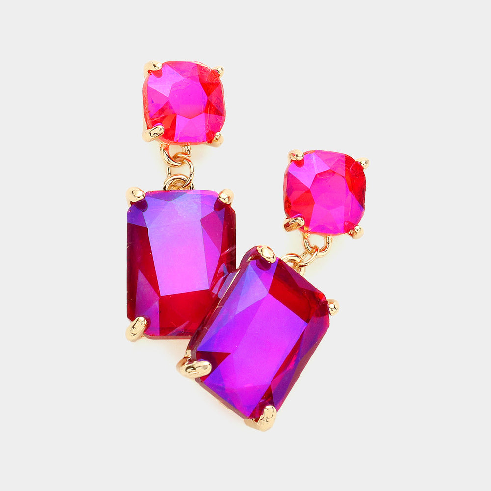 Fuchsia AB Square Stone Dangle Pageant Earring | Interview Earrings