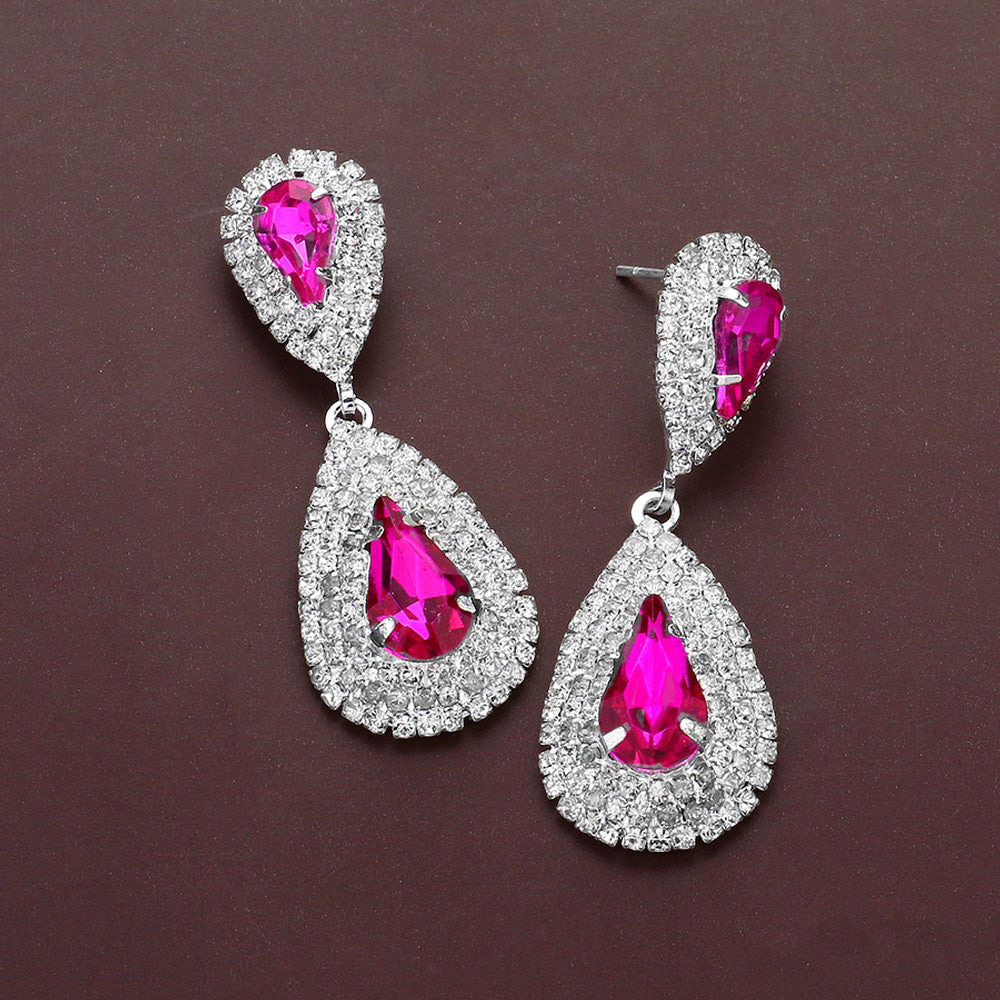 Hot Pink Marquise Stone Flower Pageant Earrings | Fuchsia Evening Earrings