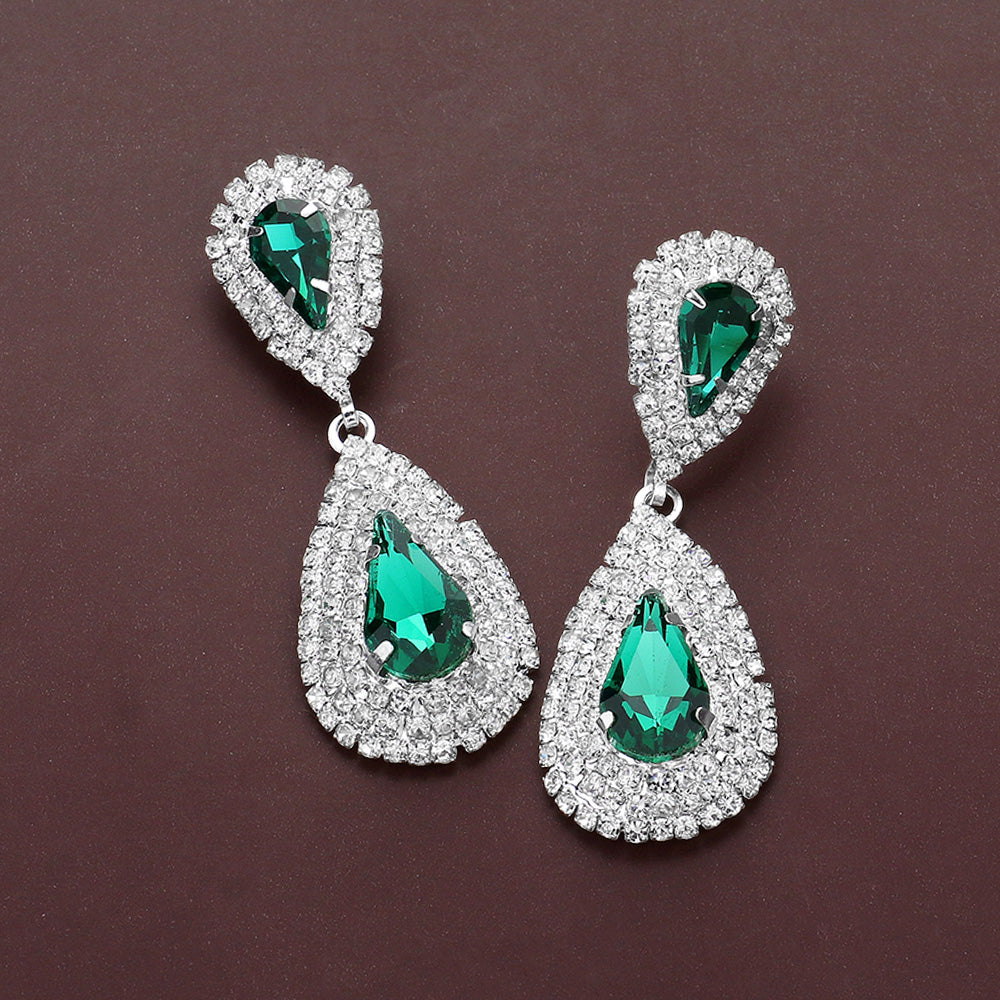 Green Marquise Stone Flower Pageant Earrings  | Green Evening Earrings on Silver