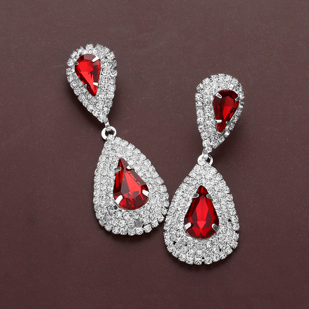 Red Marquise Stone Flower Pageant Earrings  | Red Evening Earrings on Silver