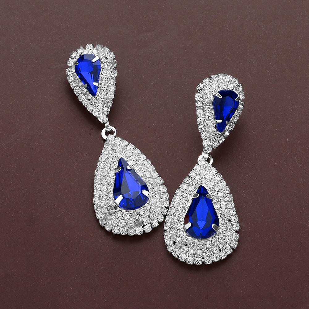 Sapphire Marquise Stone Flower Pageant Earrings  | Sapphire Evening Earrings on Silver