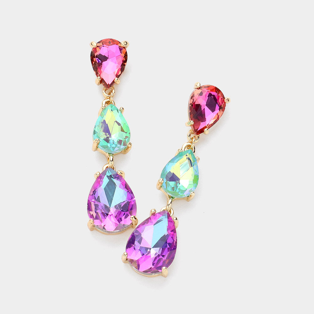 AB Multi-Color Triple Teardrop Dropdown Pageant Link Earrings | AB Multi-Color Dangle Earrings