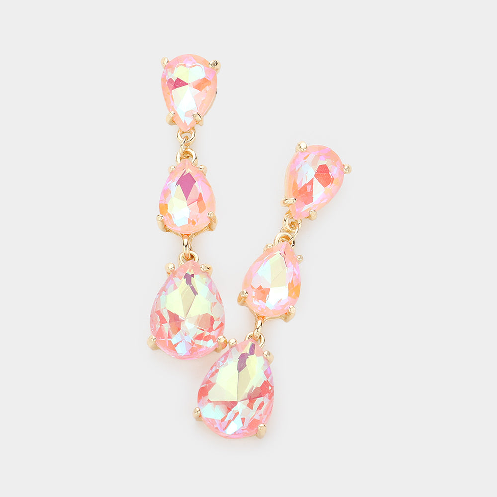 AB Pink Triple Teardrop Dropdown Pageant Link Earrings | AB Pink Dangle Earrings