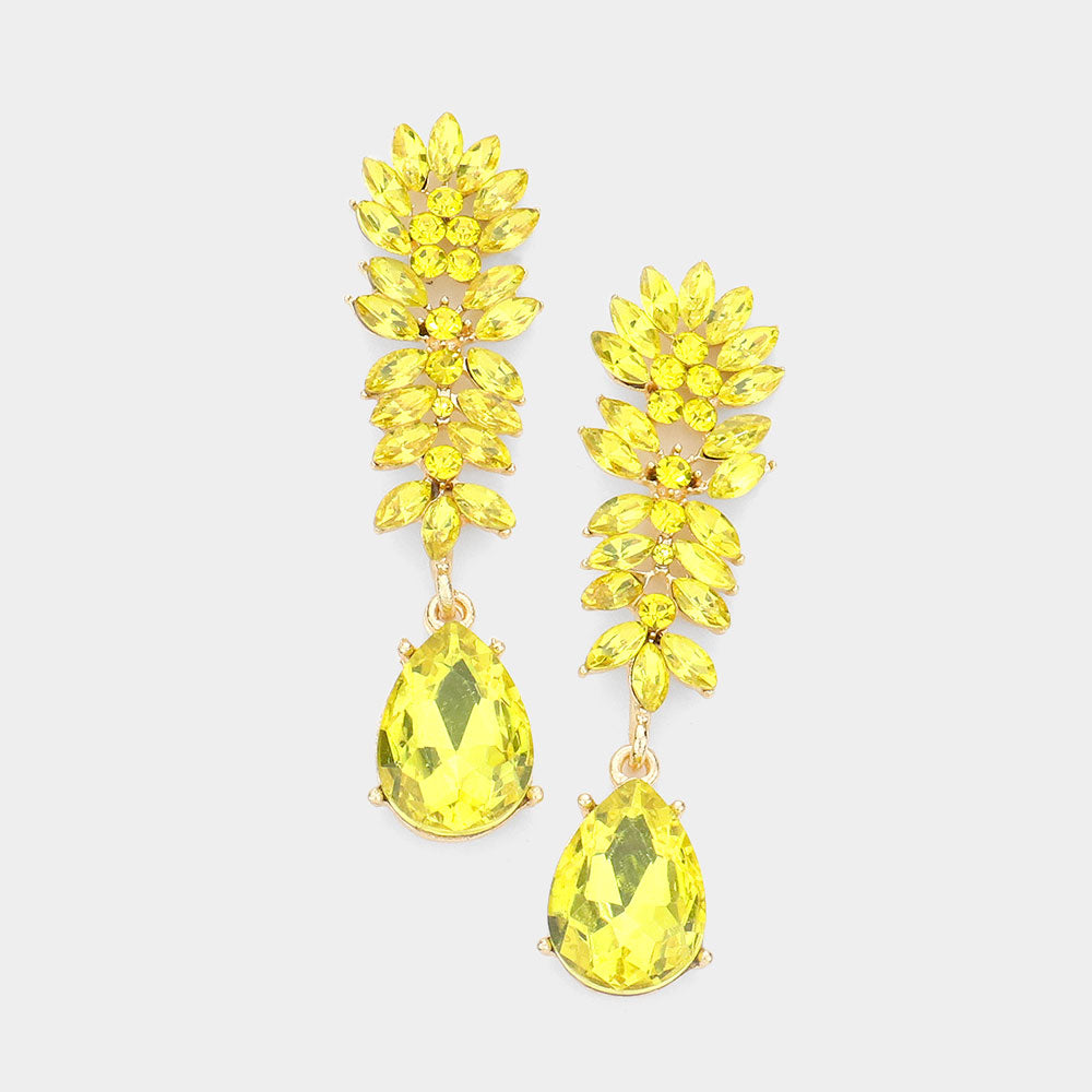 Yellow Crystal Stone Cluster Dangle Pageant Earrings | Prom Earrings