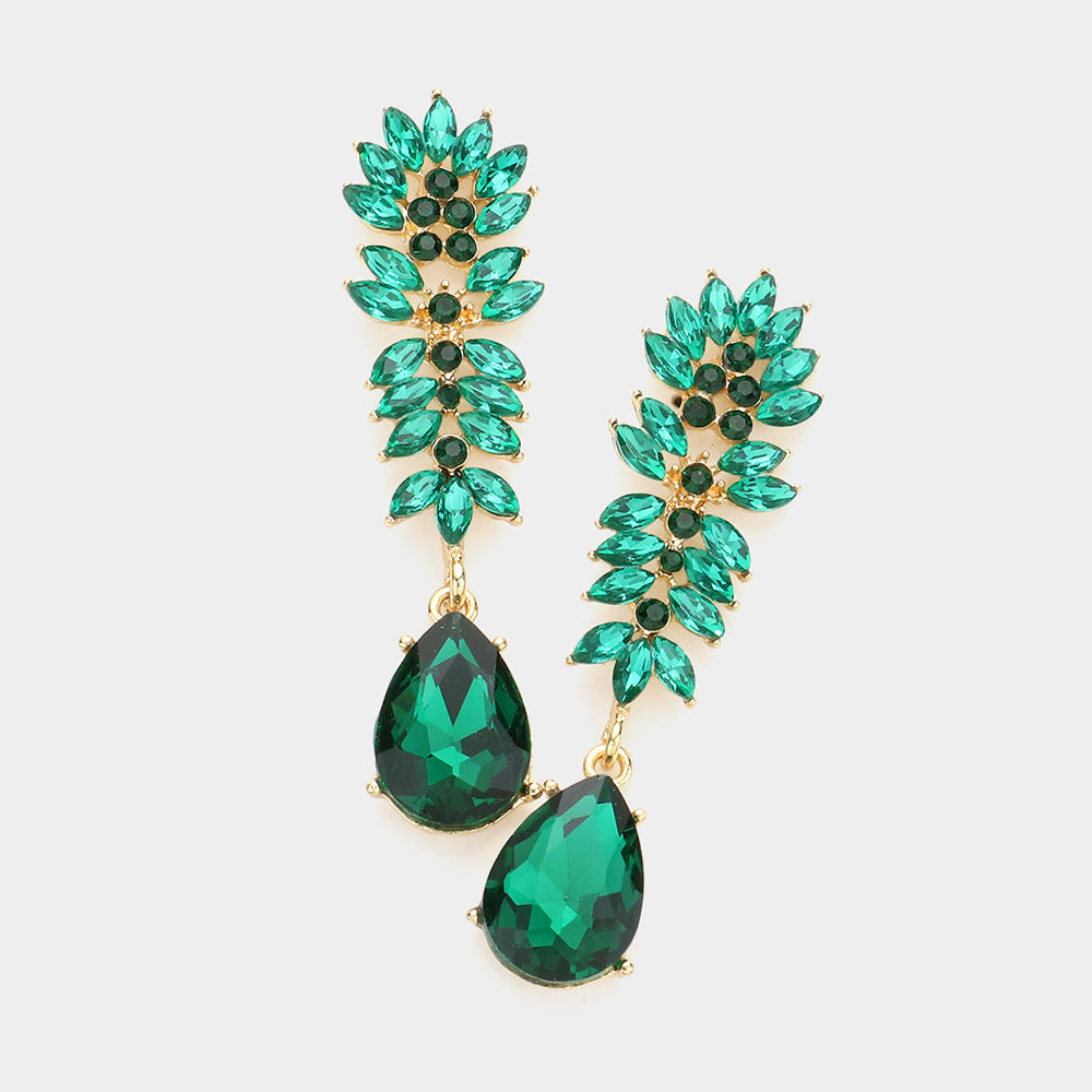 Emerald Crystal Stone Cluster Dangle Pageant Earrings | Prom Earrings