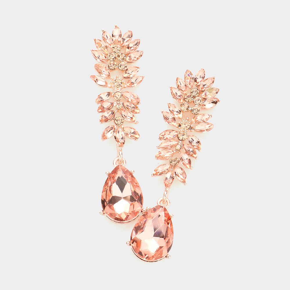 Peach Crystal Stone Cluster Dangle Pageant Earrings on Rose Gold | Prom Earrings