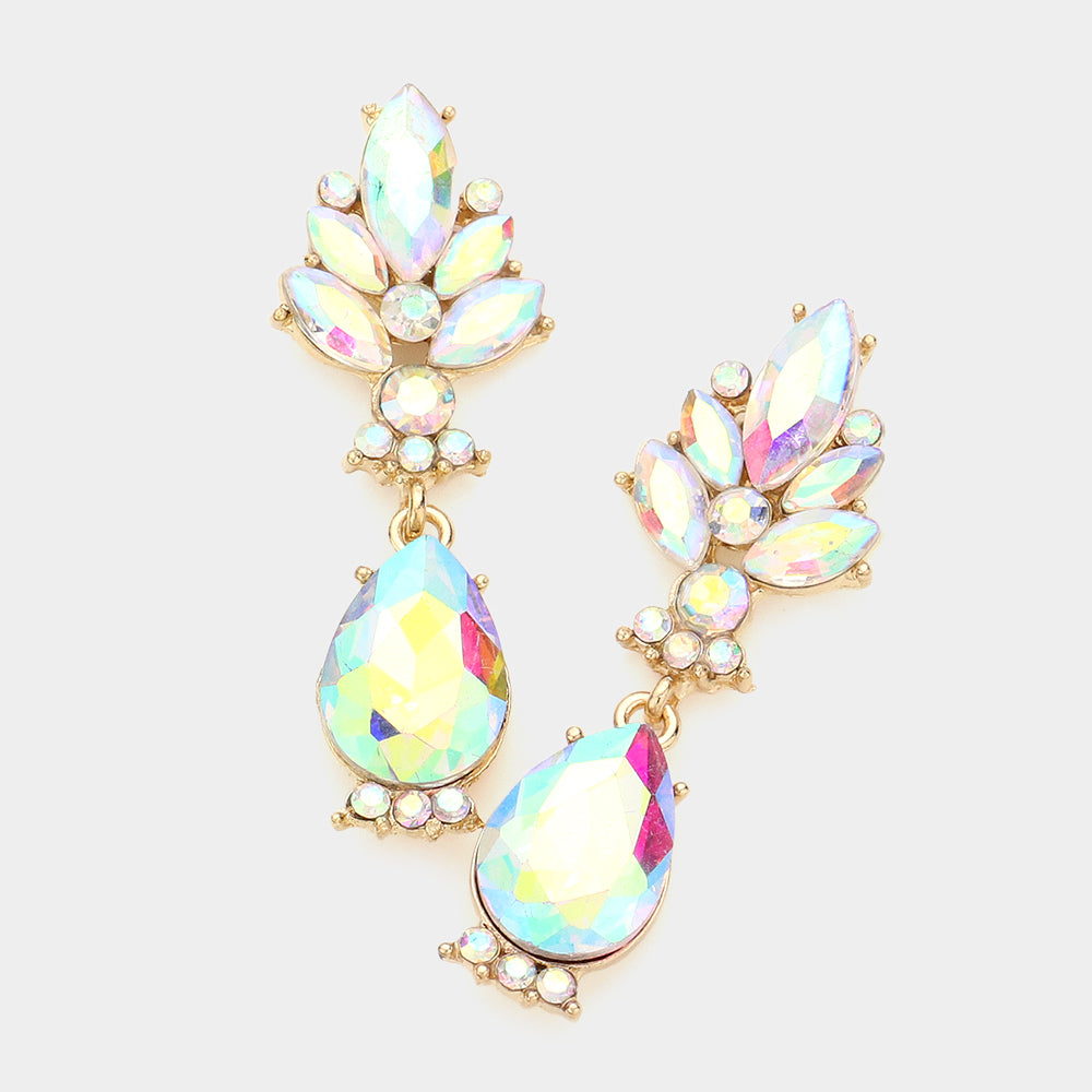 AB  Crystal Teardrop Dangle Earrings on Gold 