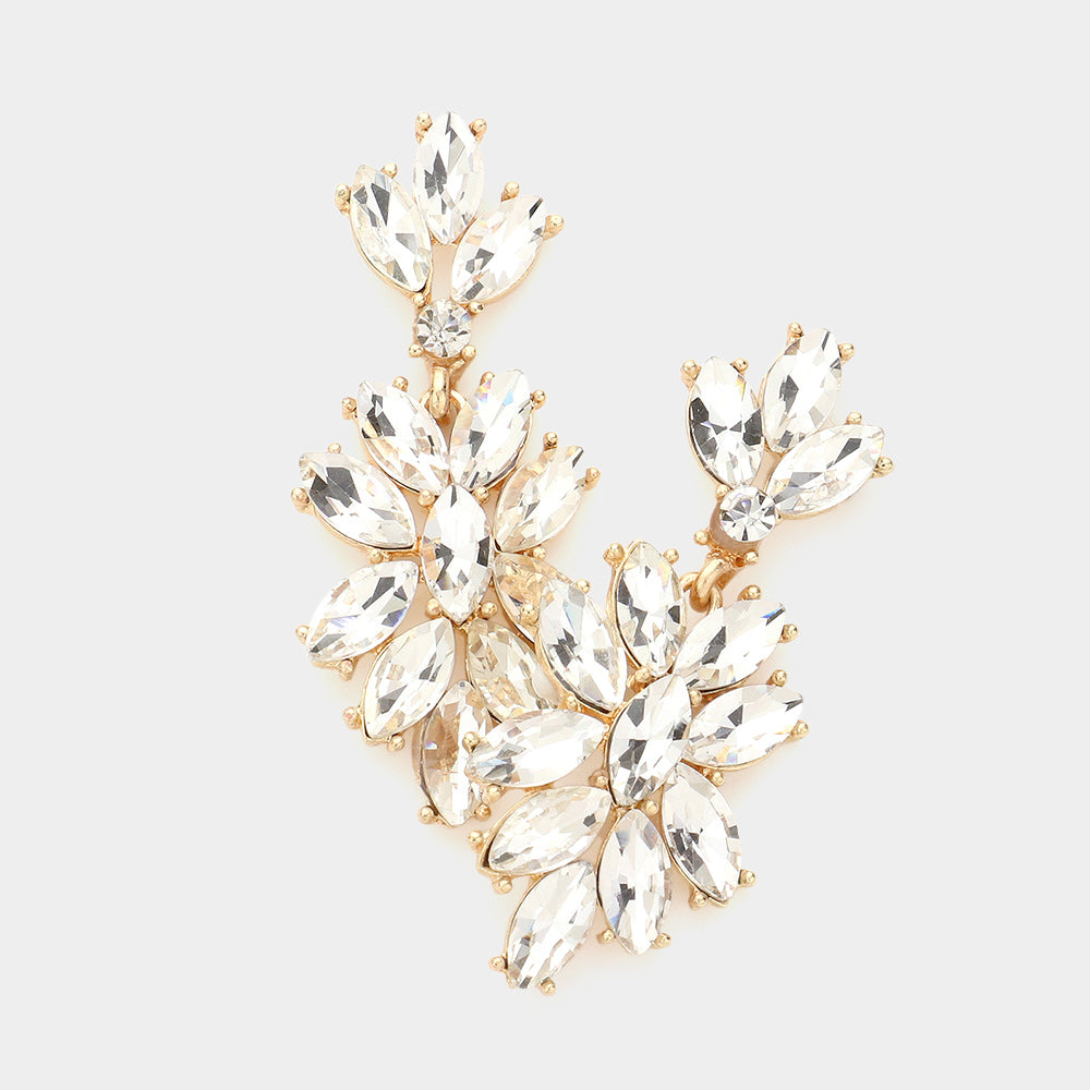 Clear Crystal Oval Cluster Vine Pageant Earrings on Gold  | 366848