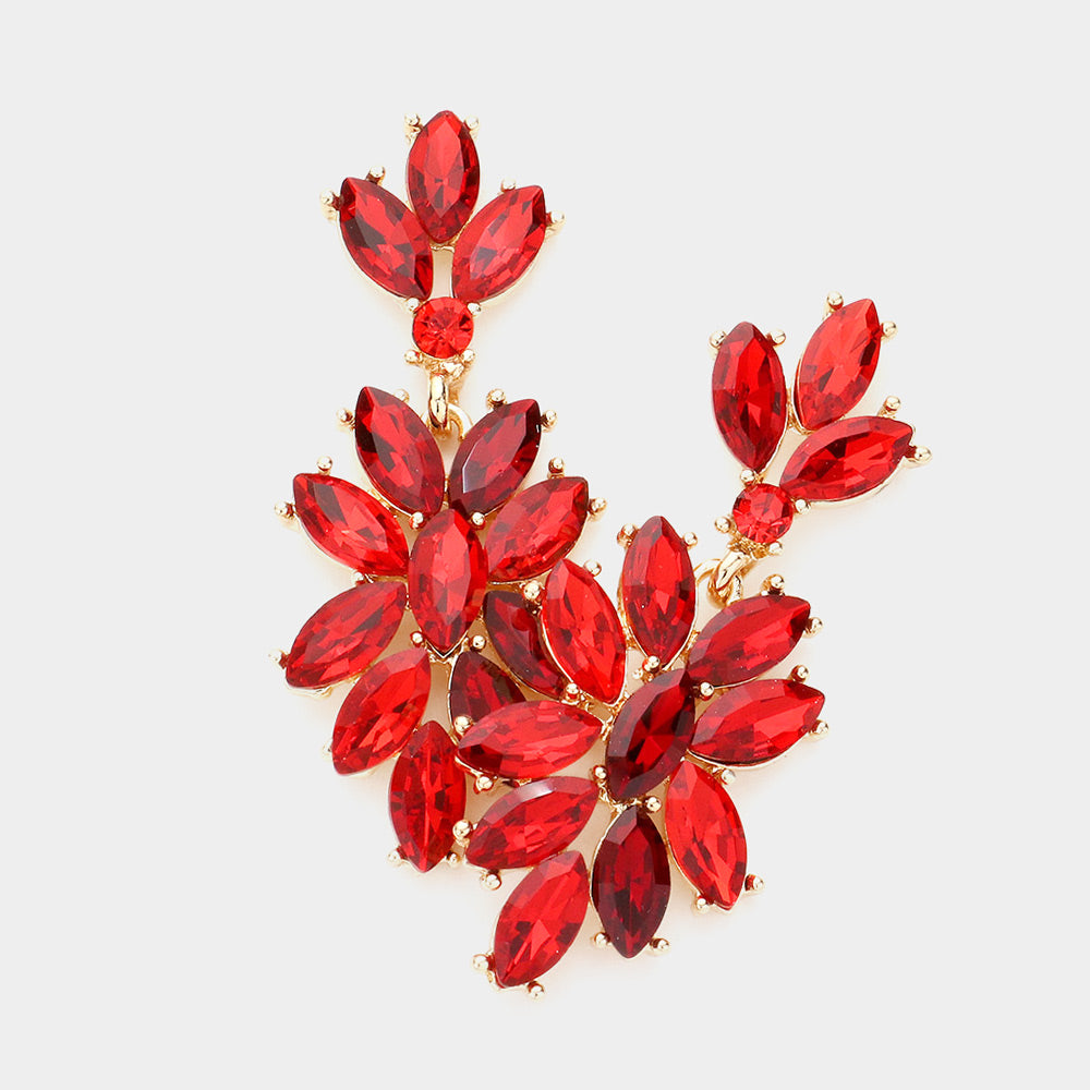 Red Crystal Oval Cluster Vine Pageant Earrings on Gold