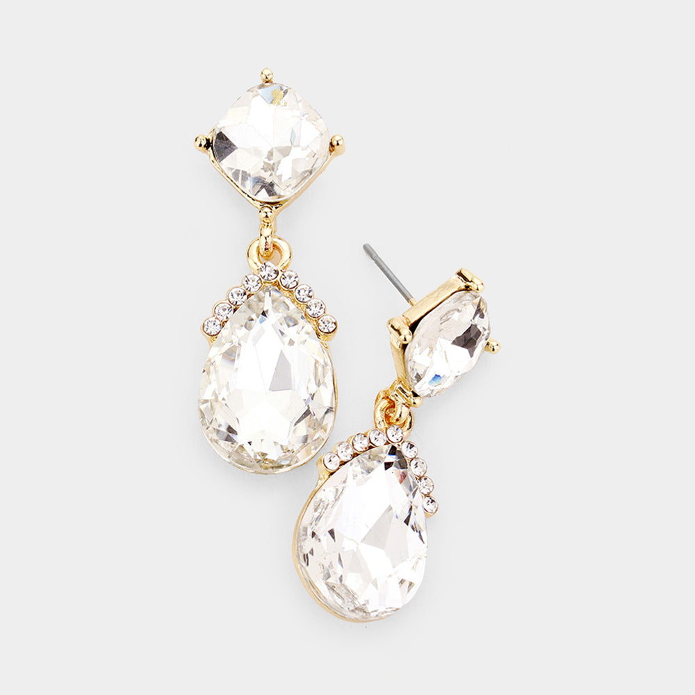 Small Clear Multi Stone and Teardrop Dangle Pageant Earrings on Gold | Earrings for Little Girls