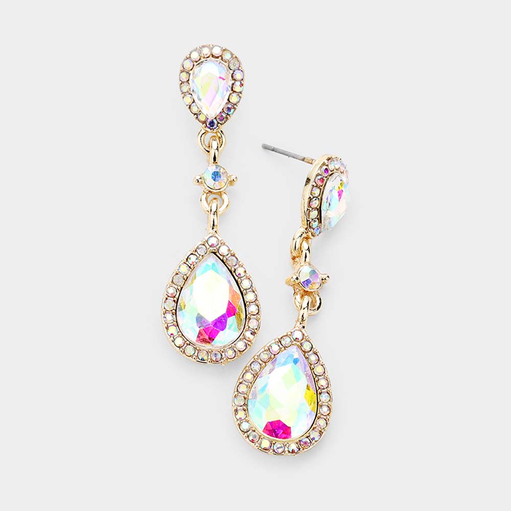 Double AB Teardrop Stone Dangle Pageant Earrings on Gold | Drop Earrings