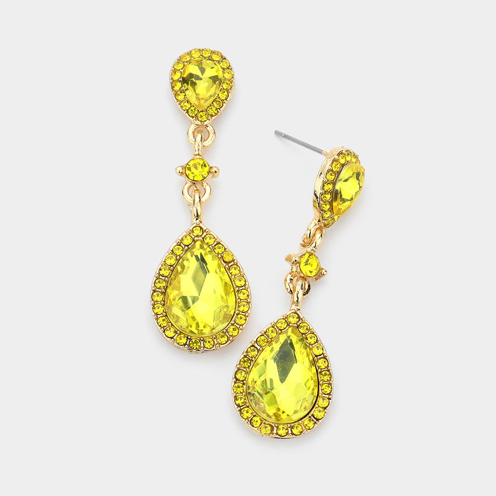 Double Yellow Teardrop Stone Dangle Pageant Earrings  | Drop Earrings