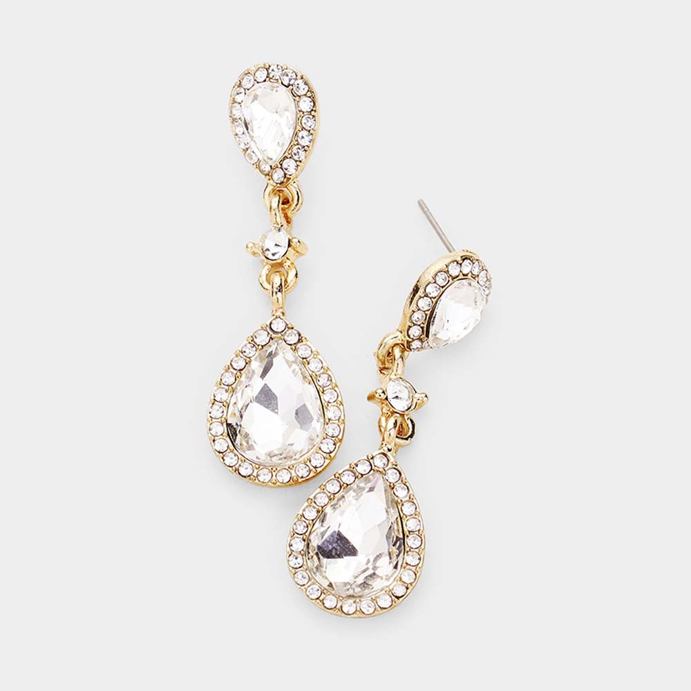 Double Clear Teardrop Stone Dangle Pageant Earrings on Gold  | Drop Earrings