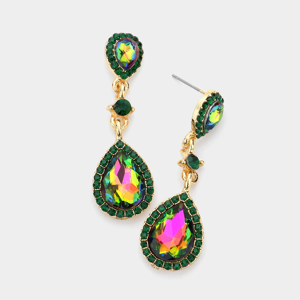 Double Multi-Color Teardrop Stone Dangle Pageant Earrings | Drop Earrings