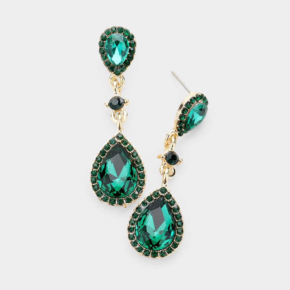 Double Emerald Teardrop Stone Dangle Pageant Earrings | Drop Earrings