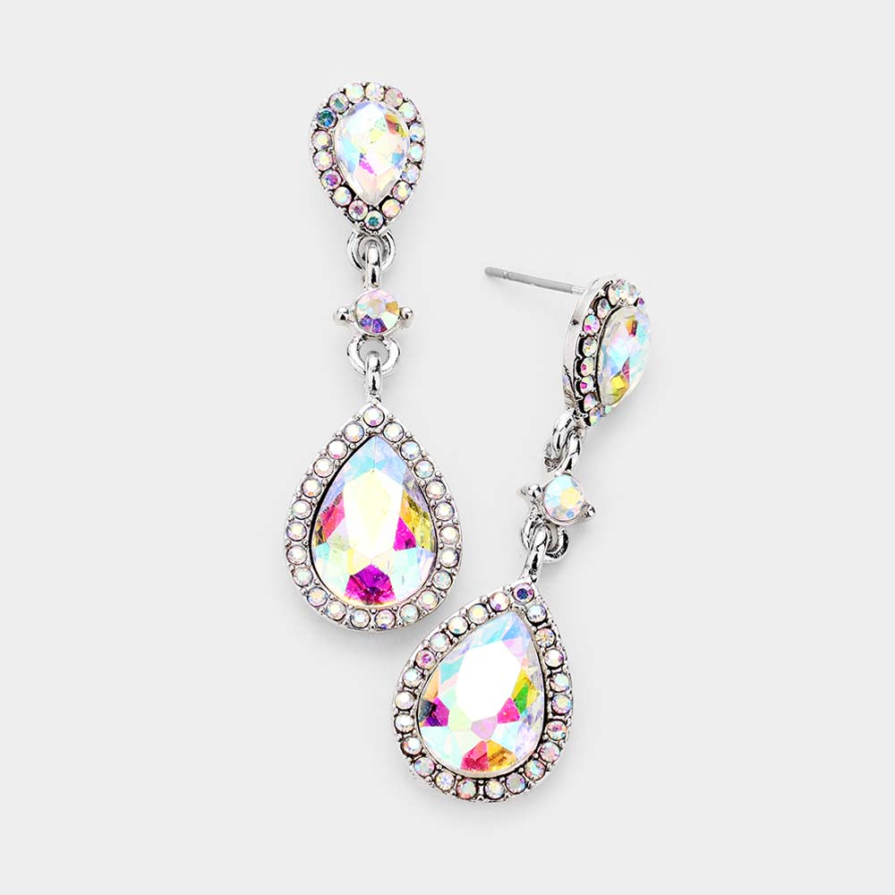 Double AB Teardrop Stone Dangle Pageant Earrings on Silver | Drop Earrings