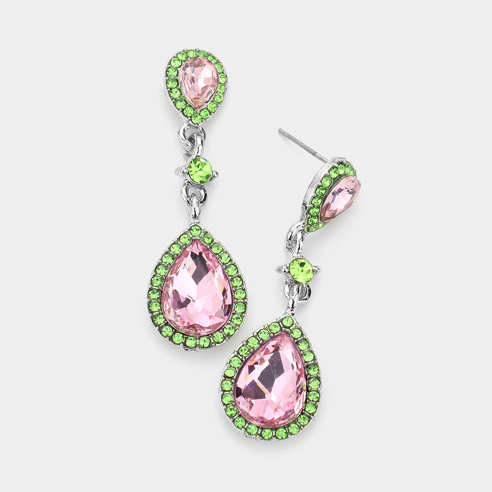 Double Pink & Green Teardrop Stone Dangle Pageant Earrings  | Drop Earrings