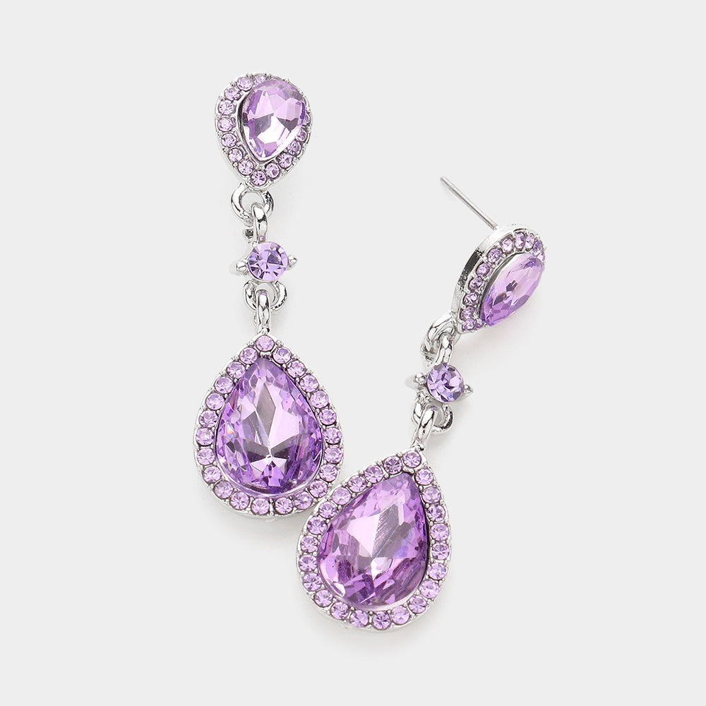 Double Violet Teardrop Stone Dangle Pageant Earrings | Drop Earrings