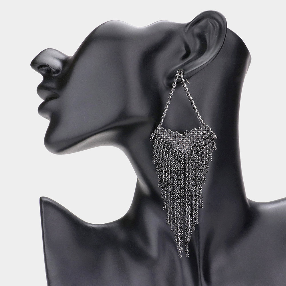 Large Jet Black Rhinestone Statement Pageant Fringe Earrings