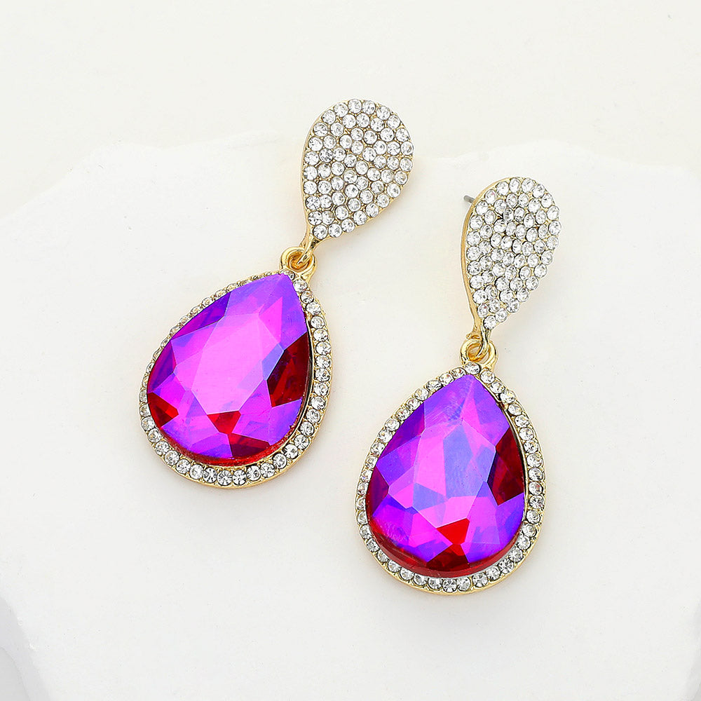 Purple Teardrop and Cluster Rhinestone Pageant Drop Earrings 