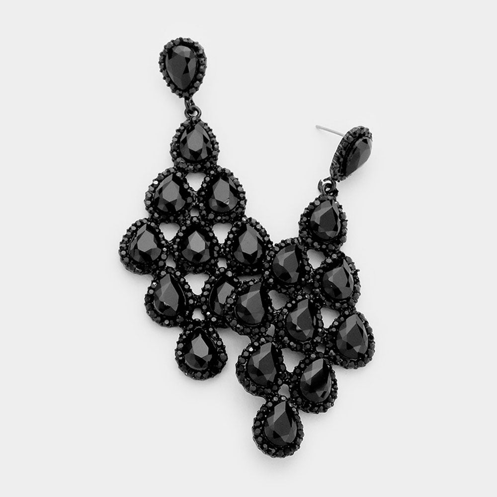 Jet Black Rhinestone Trim and Teardrop Cluster Vine Pageant Earrings | Big Prom Earrings