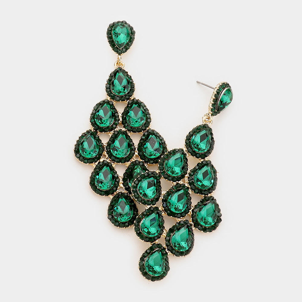 Emerald Rhinestone Trim and Teardrop Cluster Vine Pageant Earrings | Big Prom Earrings 