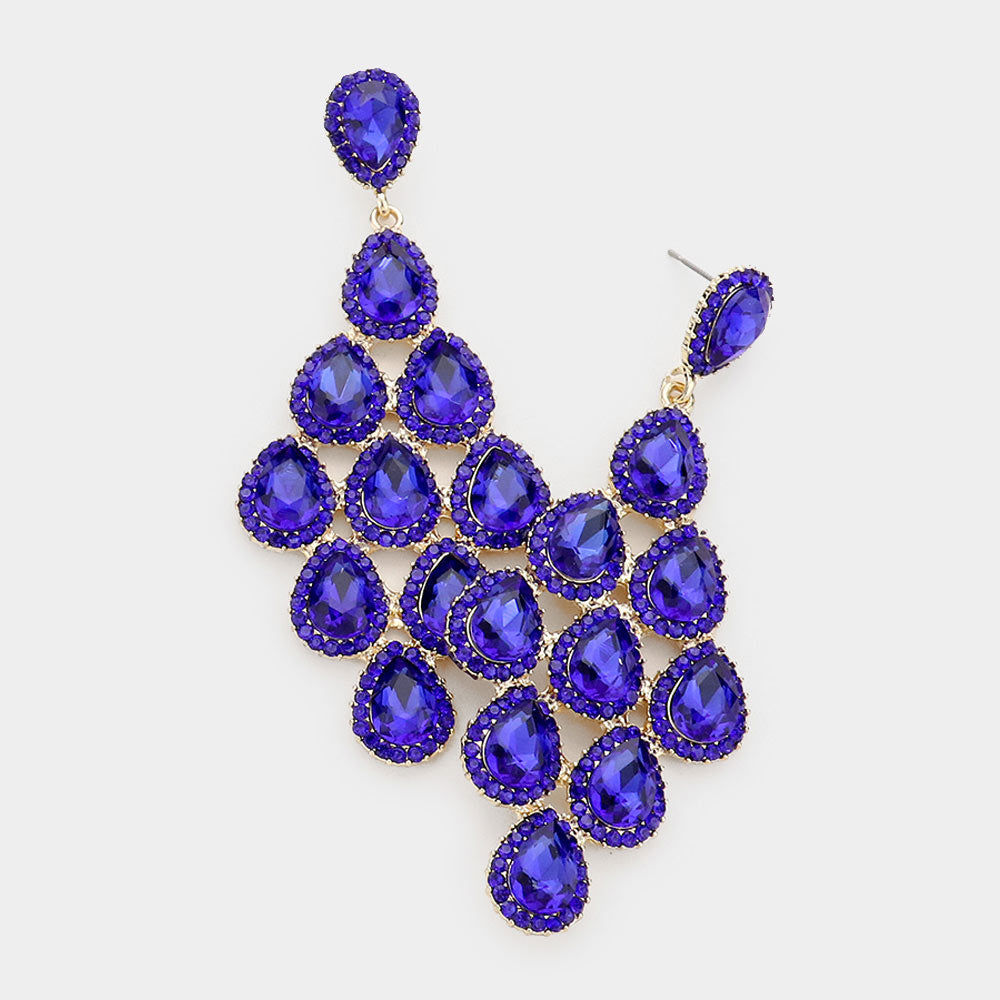 Sapphire Rhinestone Trim and Teardrop Cluster Vine Pageant Earrings on Gold | Big Prom Earrings