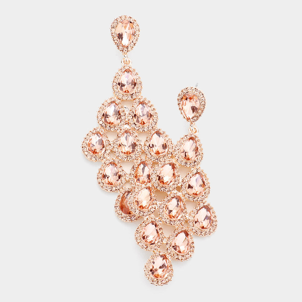 Peach Rhinestone Trim and Teardrop Cluster Vine Pageant Earrings on Rose Gold | Big Prom Earrings