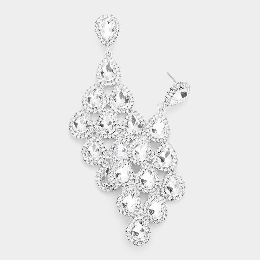 Clear Rhinestone Trim and Teardrop Cluster Vine Pageant Earrings on Silver | Big Prom Earrings