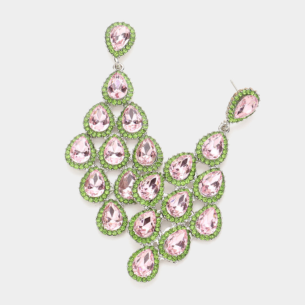 Pink & Green Rhinestone Trim and Teardrop Cluster Vine Pageant Earrings | Big Prom Earrings