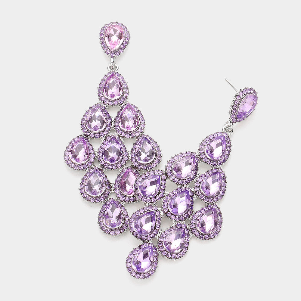 Violet Rhinestone Trim and Teardrop Cluster Vine Pageant Earrings | Big Prom Earrings 