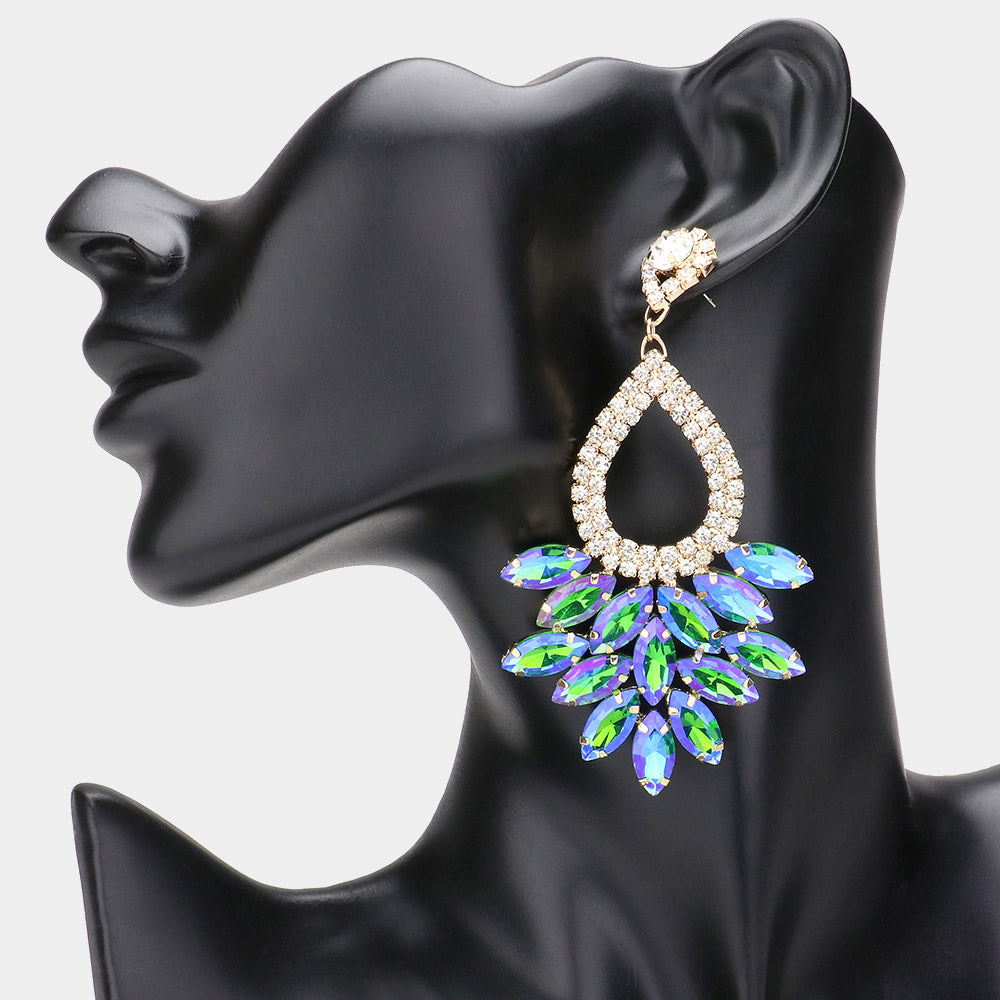 Elegant Marquise Green Blue AB Crystal Cluster Chandelier Pageant Earrings  Prom Earrings