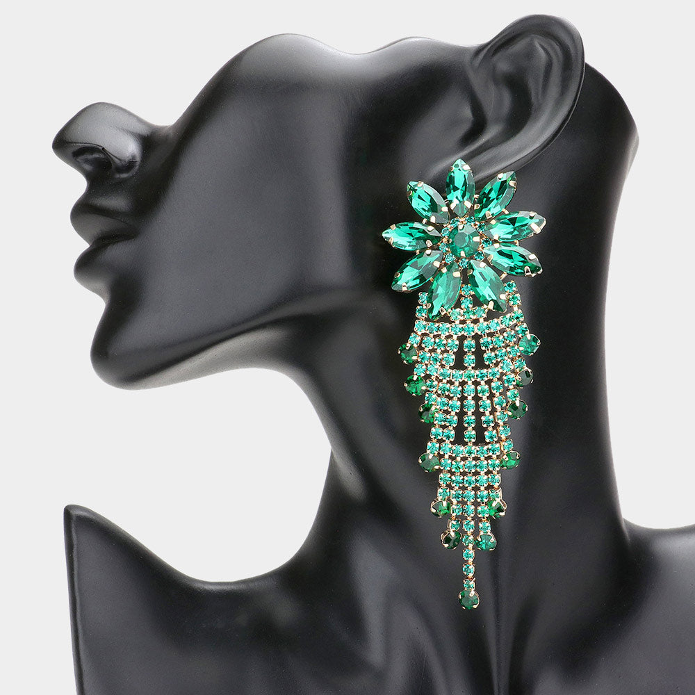 Long Emerald Flower Accented Rhinestone Pageant Earrings | Prom Earrings