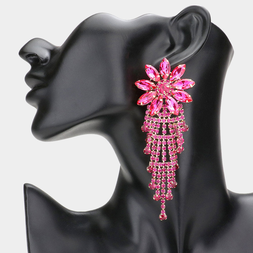 Long Fuchsia Flower Accented Rhinestone Pageant Earrings | Prom Earrings