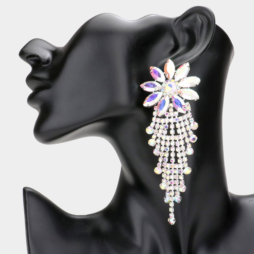 Long AB Flower Accented Rhinestone Pageant Earrings | Prom Earrings   