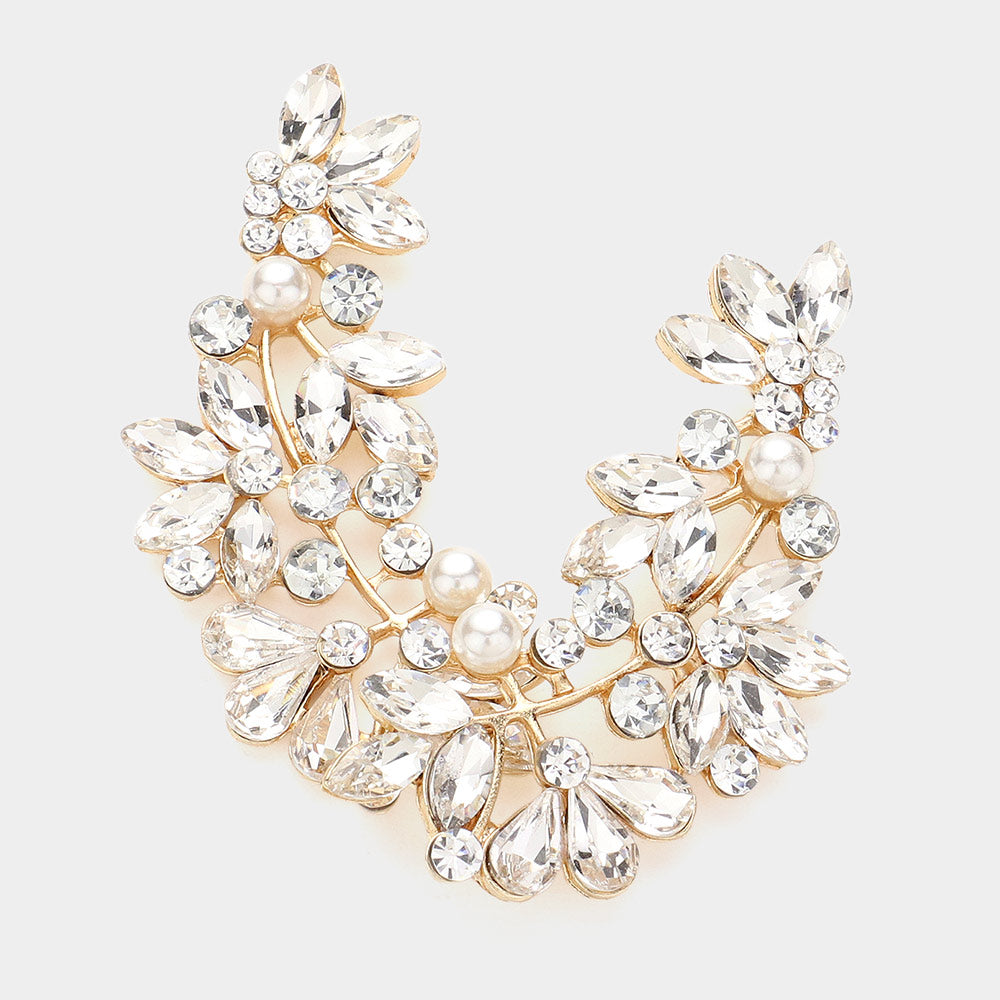 Cream Pearl and Multi Stone Leaf Vine Wedding Earrings on Gold | Bridal Earrings