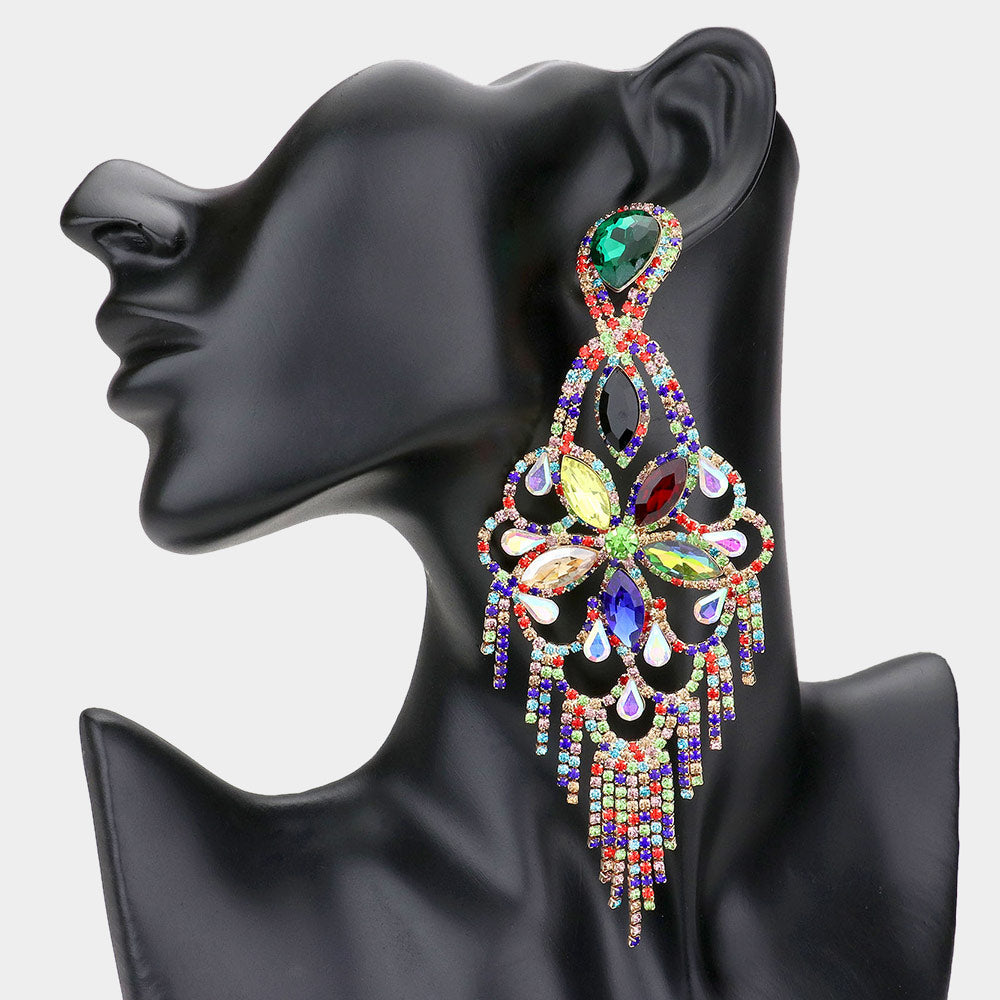 Very Large Light Weight Multi Color Crystal Flower Fringe Earrings