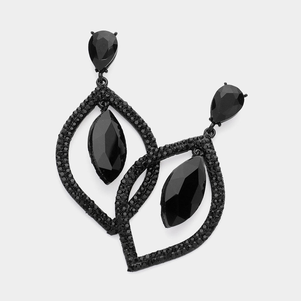 Black Teardrop Marquise Stone in Open Circle Rhinestones Pageant Earrings | Headshot Earrings