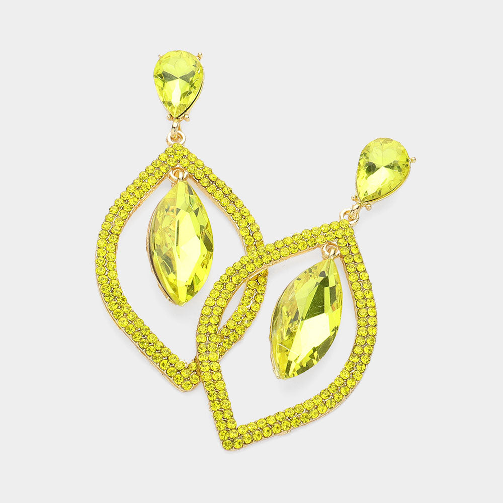 Yellow Teardrop Marquise Stone in Open Circle Rhinestones Pageant Earrings | Headshot Earrings