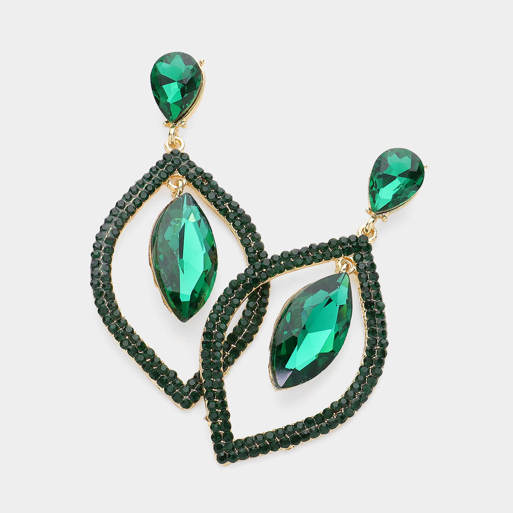 Emerald Teardrop Marquise Stone in Open Circle Rhinestones Pageant Earrings  | Headshot Earrings |  542253