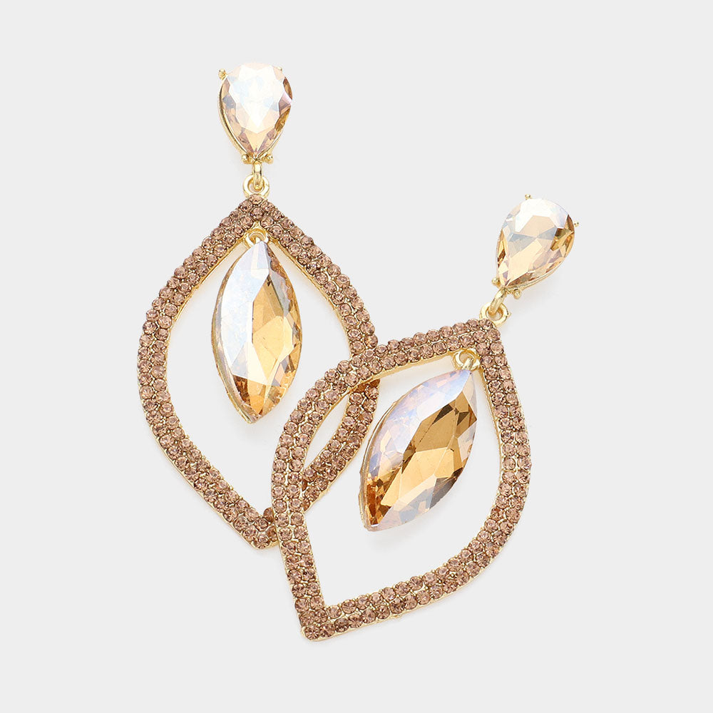 Light Topaz Teardrop Marquise Stone in Open Circle Rhinestones Pageant Earrings | Headshot Earrings