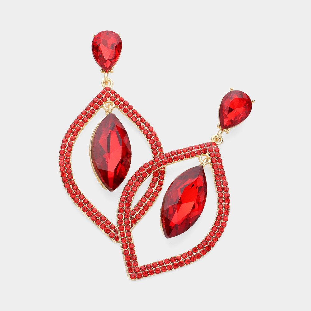 Red Teardrop Marquise Stone in Open Circle Rhinestones Pageant Earrings | Headshot Earrings