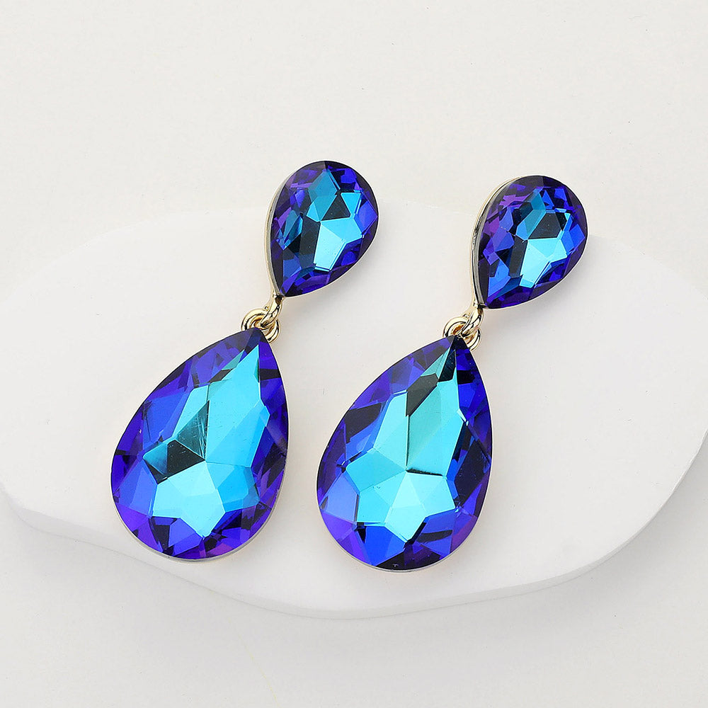 Blue Teardrop Marquise Stone in Open Circle Rhinestones Pageant Earrings | Headshot Earrings