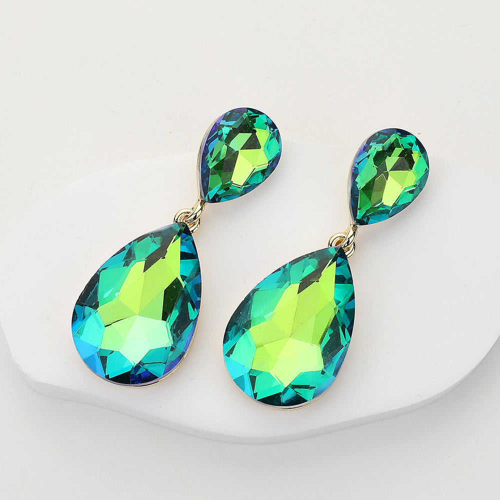 Green AB Teardrop Marquise Stone in Open Circle Rhinestones Pageant Earrings | Headshot Earrings