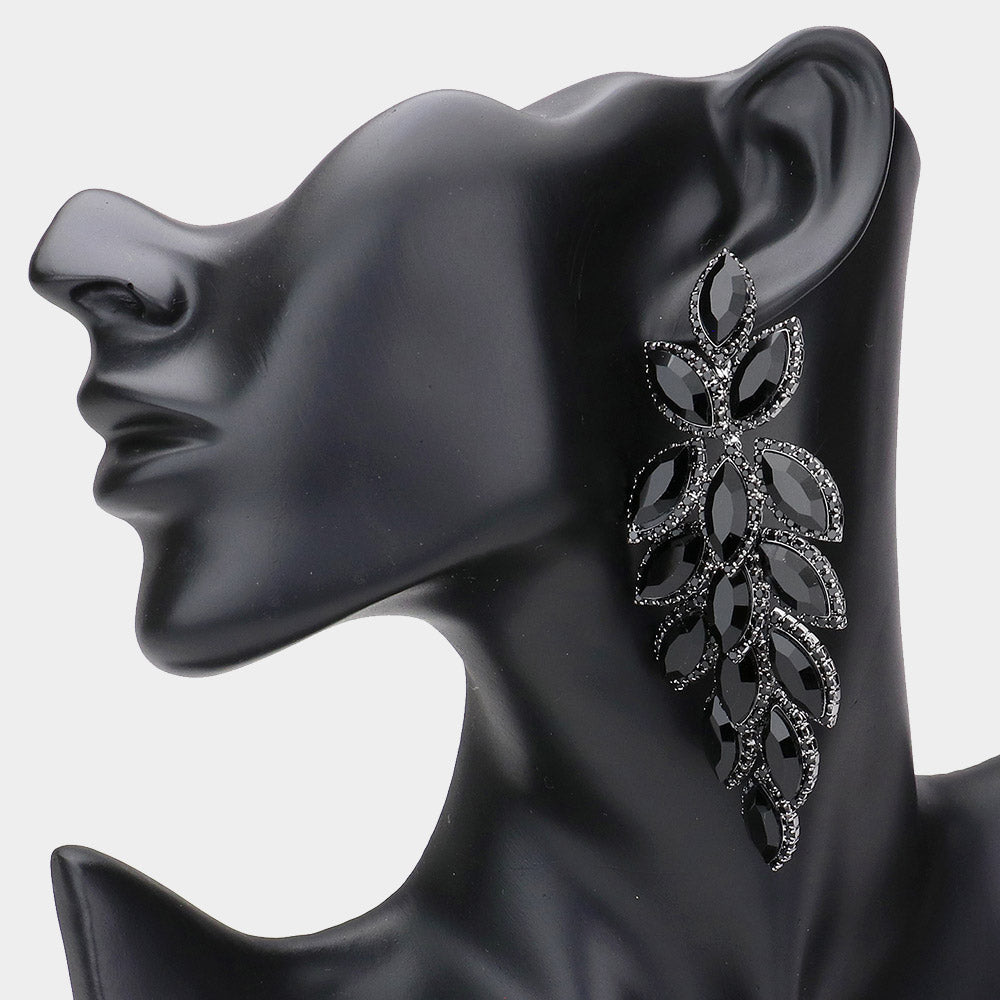 Long Black Crystal Marquise Leaf Stone Pageant Earrings | Prom Earrings